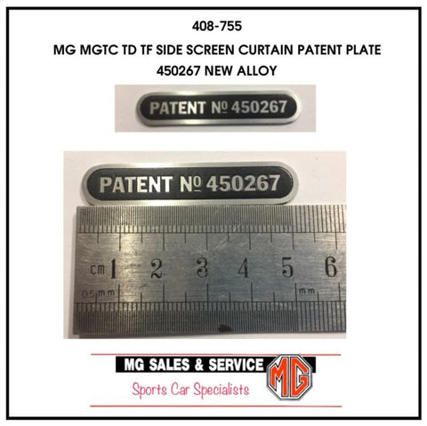 408-755 MG MGTC TD TF SIDE SCREEN CURTAIN PATENT PLATE 450267 NEW ALLOY