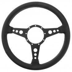 489-040  STEERING WHEEL TOURIST TROPHY 14in LEATHER BLACK DRILLED SPOKES