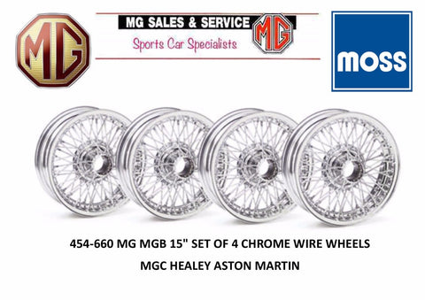 454-660 WWC459 MG MGB 15" SET OF 4 CHROME WIRE WHEELS MGB MGC HEALEY ASTON MARTIN